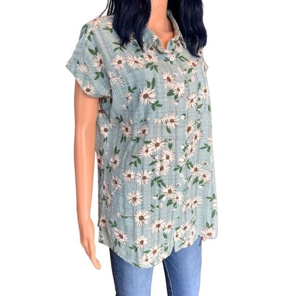 NWT POL Daisy Floral Button Down Top S Blue Boho Lightweight Oversized - Picture 4 of 6